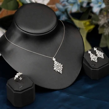 Стильный комплект ювелирных изделий на цепочке из 3 предметов Ожерелье Серьги Кольцо с кубическим цирконием Свадебные украшения Подарок для романтичных невест